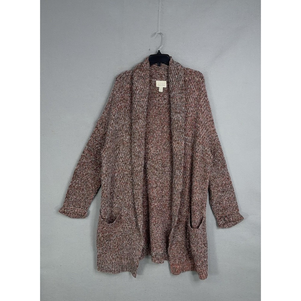Hinge Cardigan Sweater Womens XL Brown Marled Open Front Pockets Knit Chunky